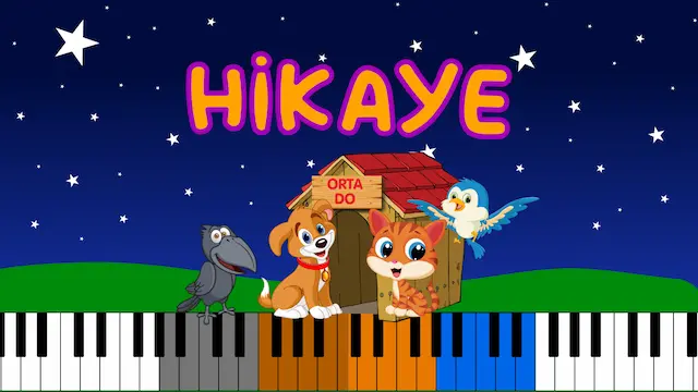 Hikaye animasyonundan kare: Karga, Köpek, Kedi ve Kuş piyano tuşlarının üzerinde