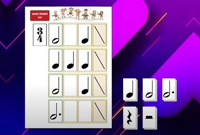 Oyunlarla Piyano Kendi Ritmini Yap Nota Kartları Nasıl Kullanılır? Nota kartları kullanılarak Kendine ait bir ritim cümlesi oluşturmayı öğren. Nota değiştirme hakkın sınırsız!